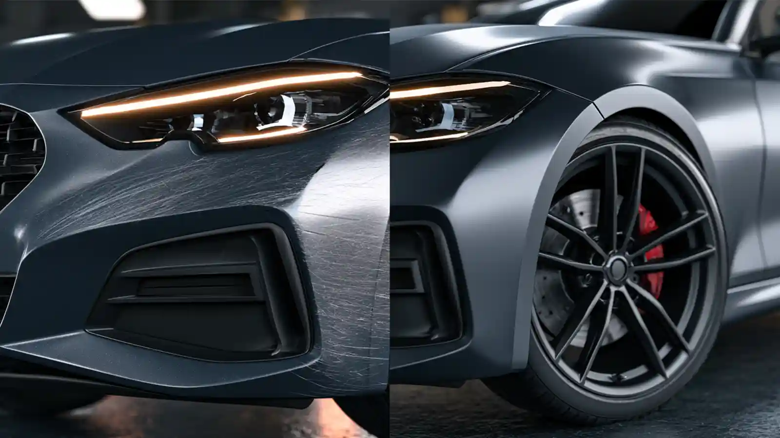 Before and after example of a repaired bumper scuff