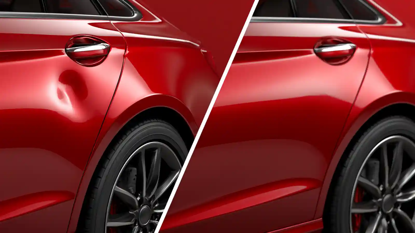 Before and after example of a repaired car door dent